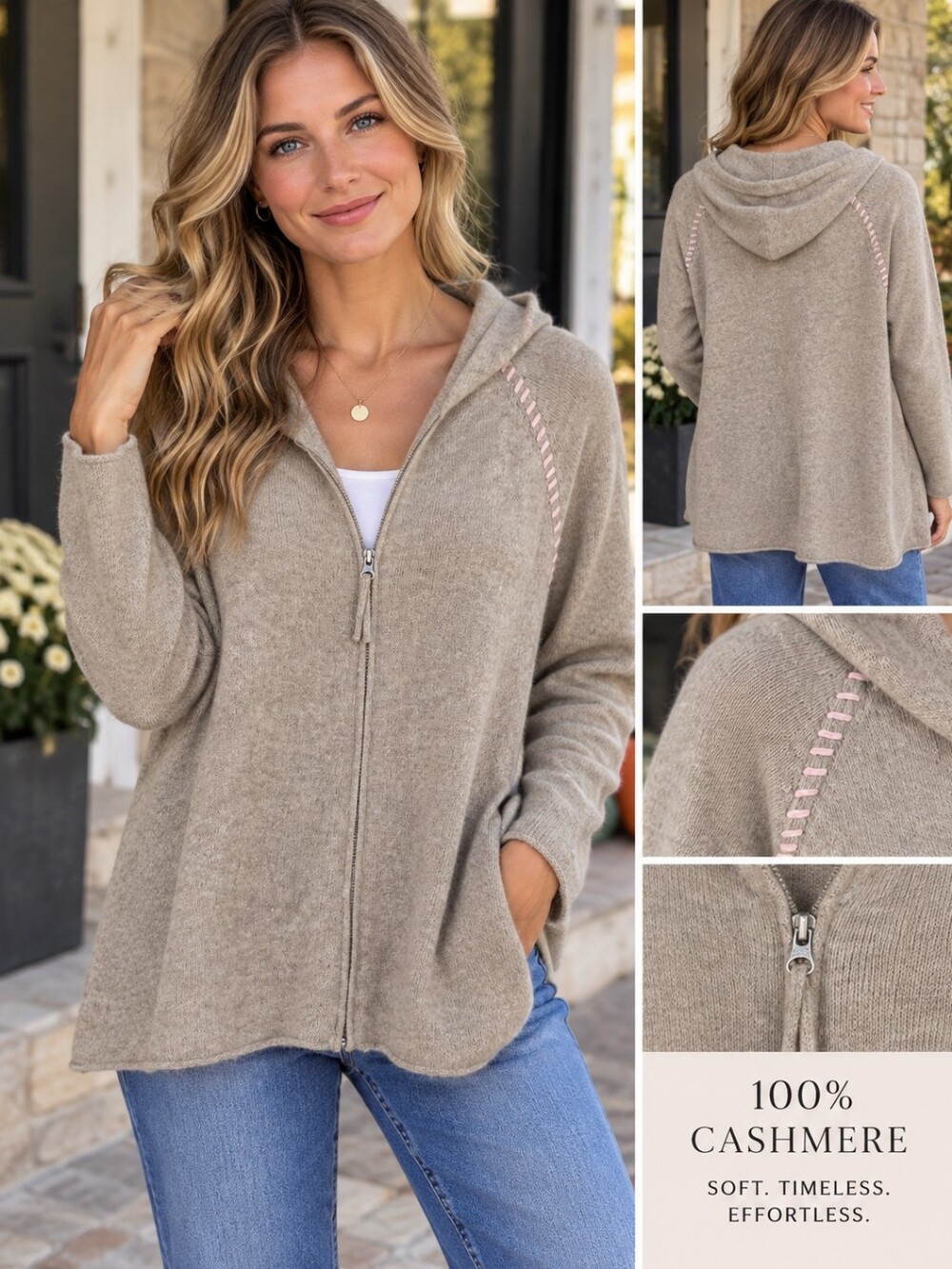 100% Cashmere Hooded Cardigan Sweater Oatmeal Pink Whipstitch Zip Front